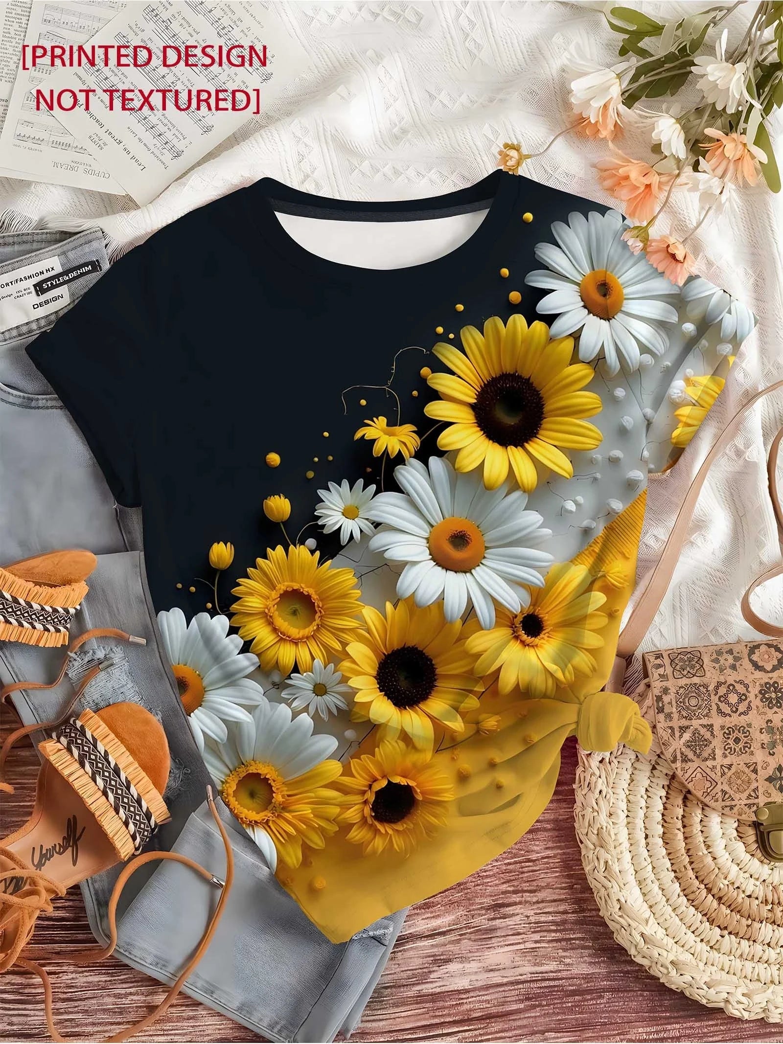T-Shirt Floral Tournesol Marguerite Femme Manches Courtes | MDN Store 25