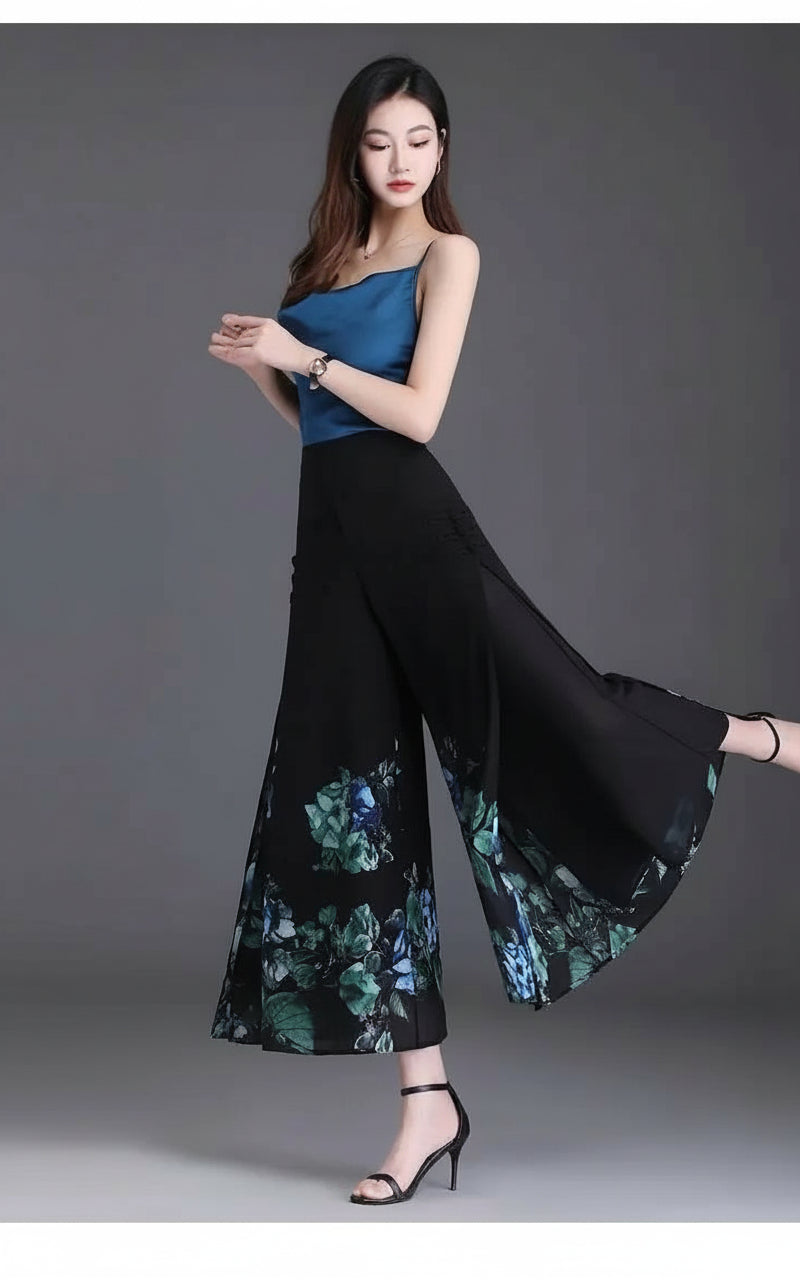 Pantalon Grande Femme Mousseline Floral Noir Jaune | MDN Store