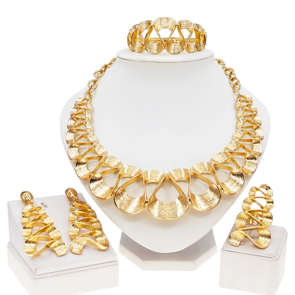 Parure Bijoux Plaque Or Femme Collier Boucles Oreilles Ondule | - MDN Store 25
