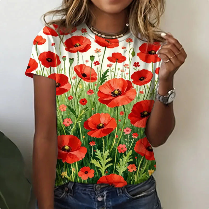 T-Shirt Fleurs Violettes Degrade Femme Col Rond Manches Courtes | MDN Store 25