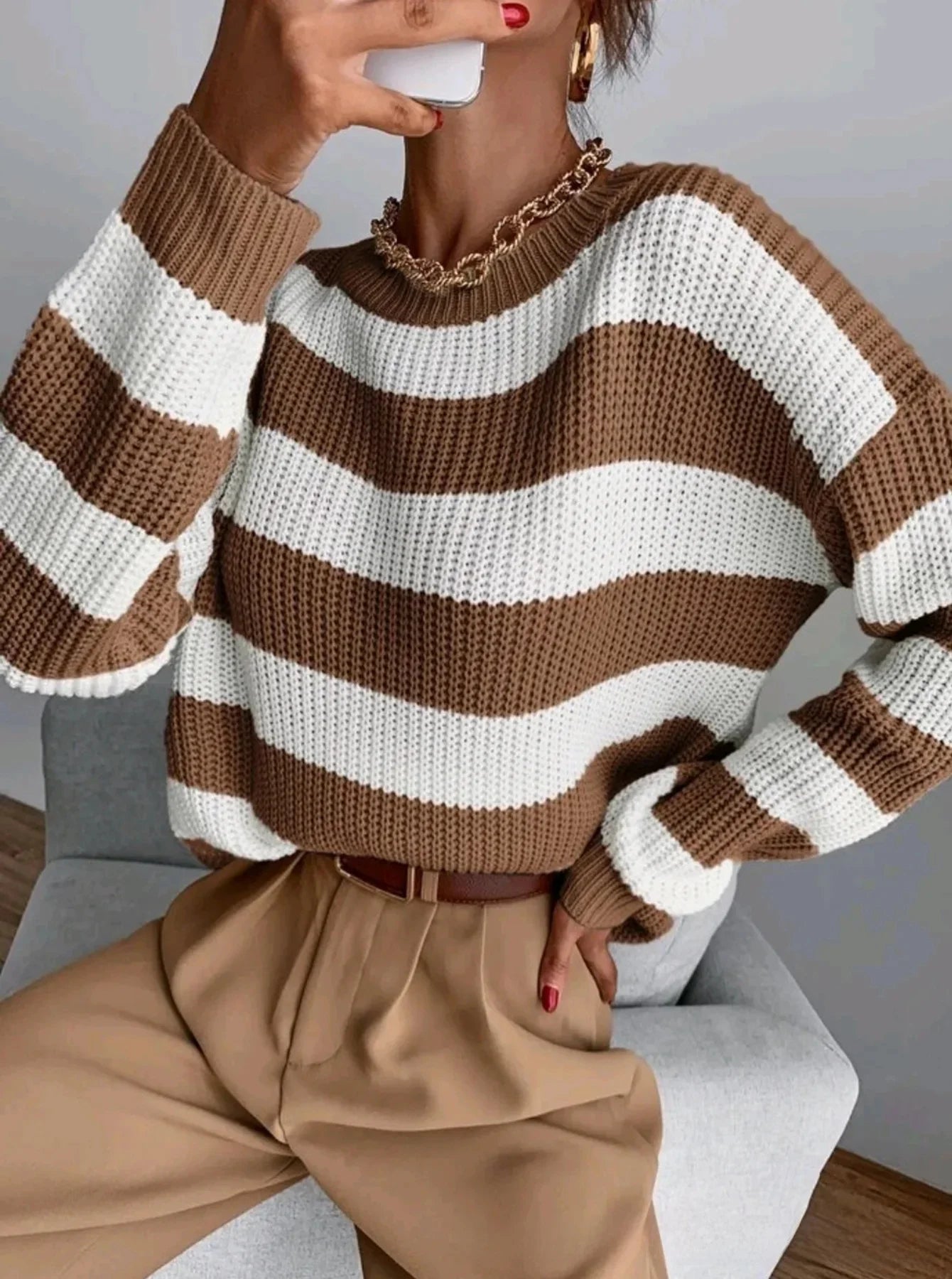 Pull Femme Loose Raye Manches Longues Tricot Epais 2 Coloris | MDN Store
