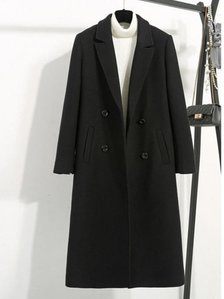 Manteau Laine Femme Double Boutonnage Noir Long – Élégance Intemporelle | MDN Store