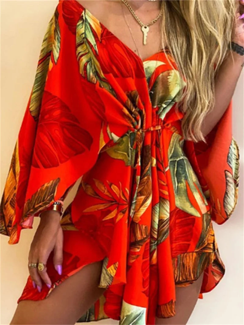 Robe Kimono Plage Femme Imprime Floral Col en V Manches Chauve-Souris | MDN Store 25