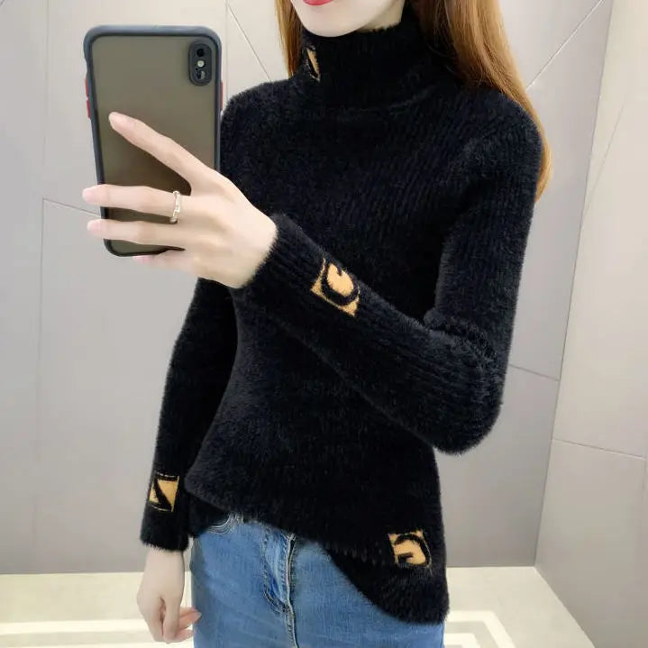 Pull Col Montant Femme Jacquard Lettres Tricot Epais 3 Coloris | MDN Store