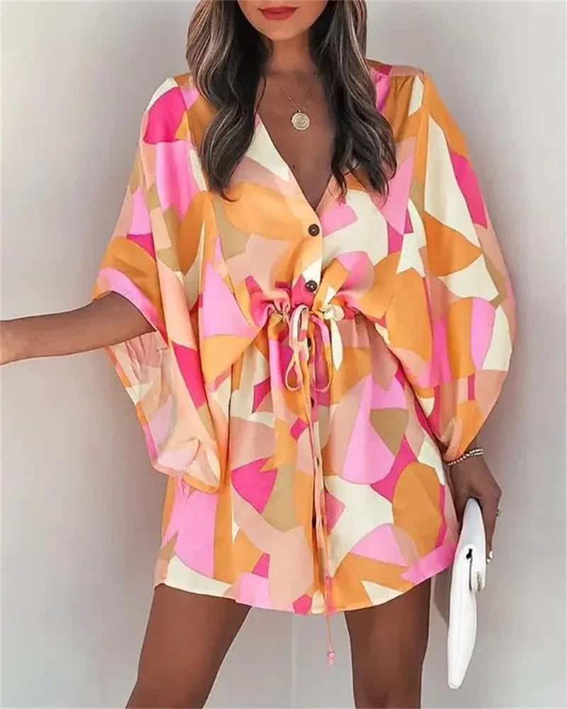 Robe Kimono Plage Femme Imprime Floral Col en V Manches Chauve-Souris | MDN Store 25