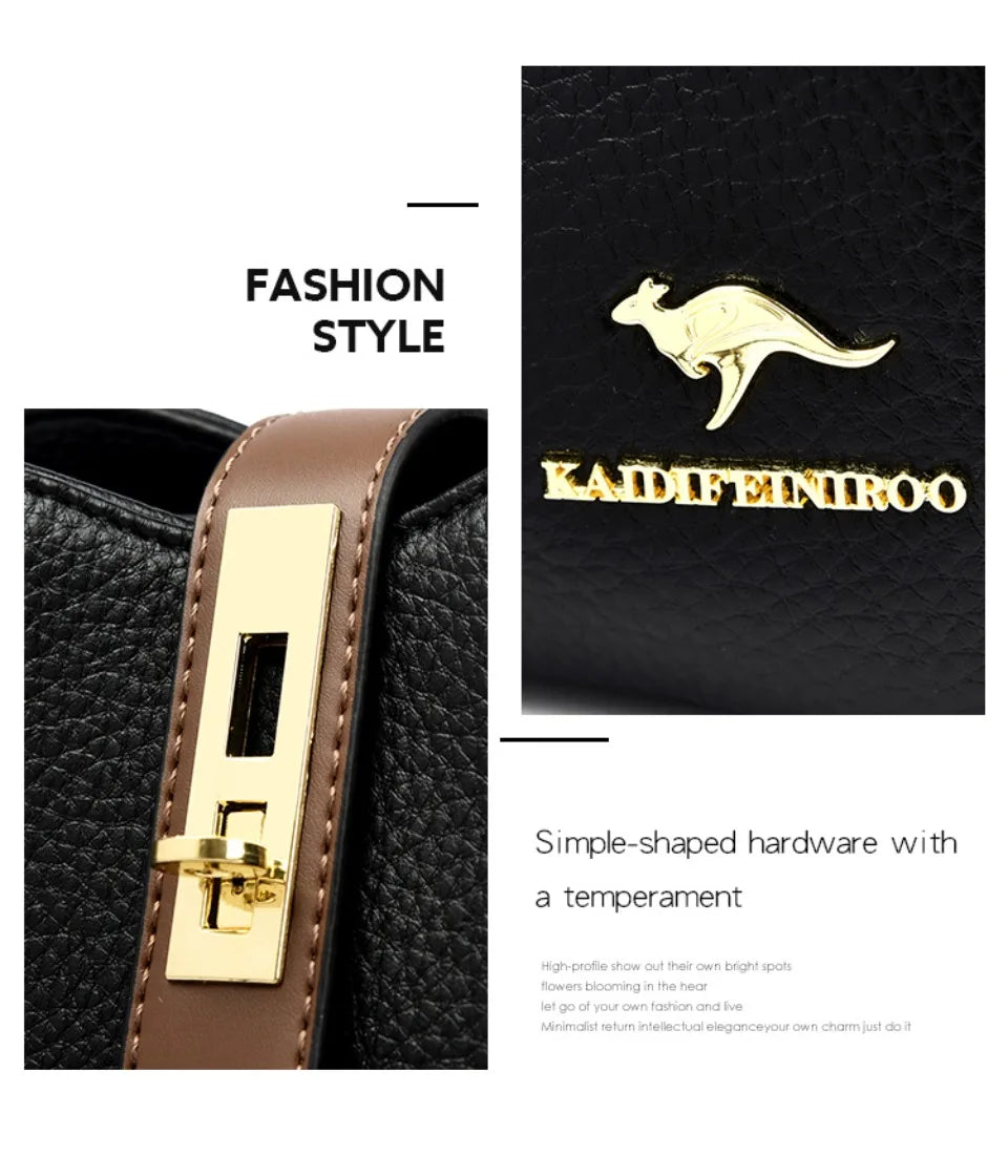 Sac à Main Femme Cuir Véritable Seau Bandoulière Trois Compartiments - MDN