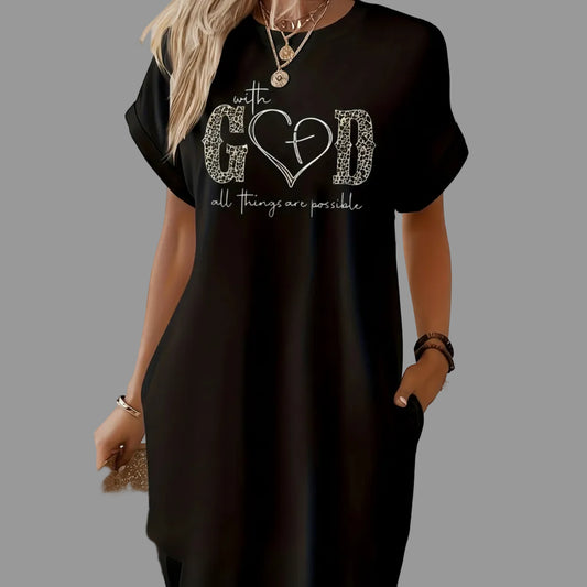 Robe T-Shirt Imprimée GOD Manches Courtes Noire | MDN