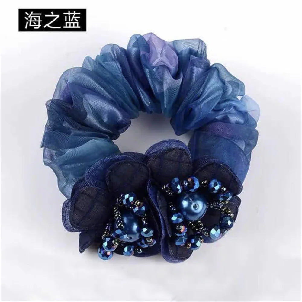 Chouchou Perle Brillante Fleur Organza Transparent - Élastique Cheveux Fille... | MDN Store