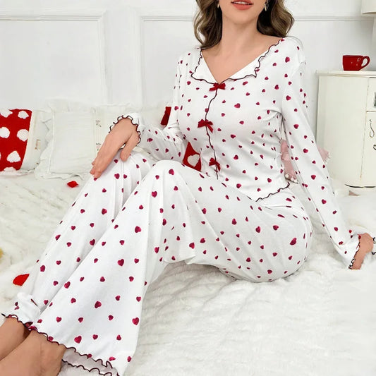 Pyjama Femme Rouge Cœurs 2 Pièces Manches Longues | MDN