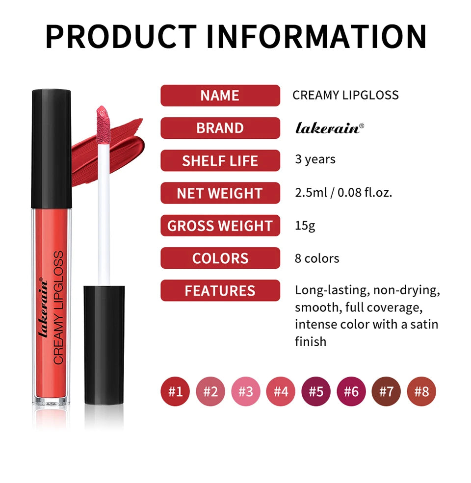 Gloss Lèvres Crémeux Imperméable 8 Couleurs Velours Mat Hydratant | MDN Store