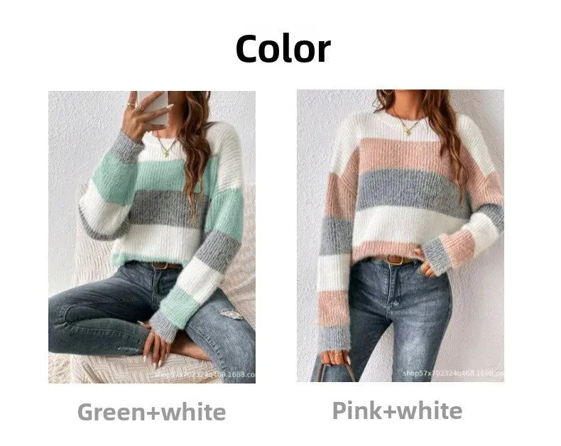 Pull Femme Rayé Col Rond Loose Fit Hiver Épais | MDN