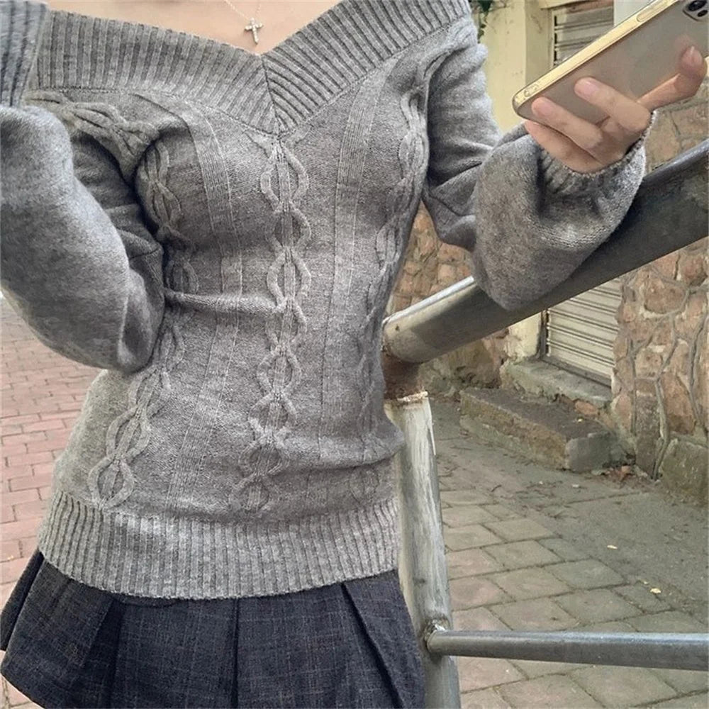 Pull Femme Col V Manches Longues Slim Ajusté Style Vintage 2 Coloris | MDN Store