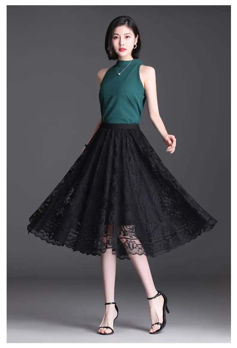 Jupe Longue Dentelle Plissée Taille Haute | MDN Store