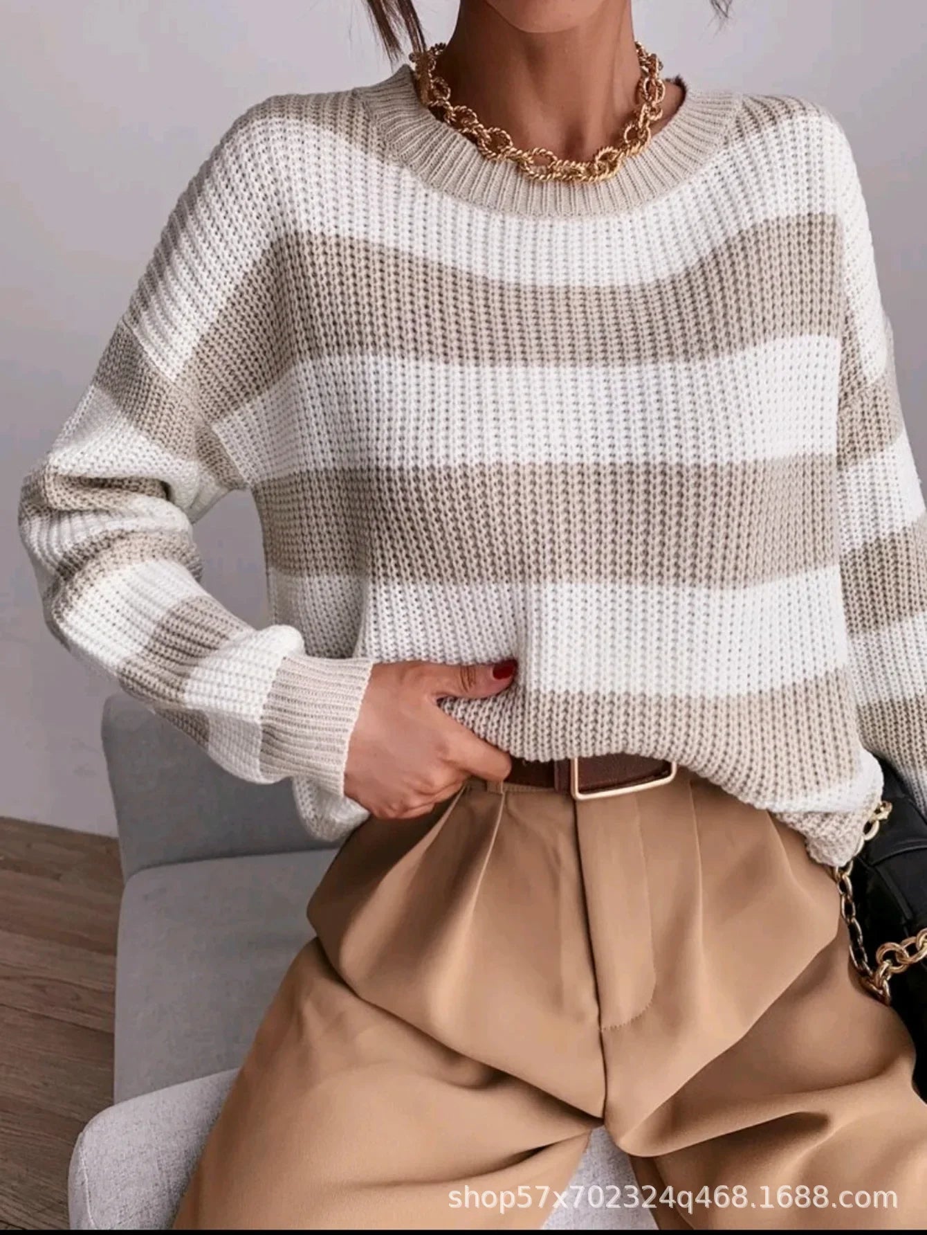 Pull Femme Loose Raye Manches Longues Tricot Epais 2 Coloris | MDN Store
