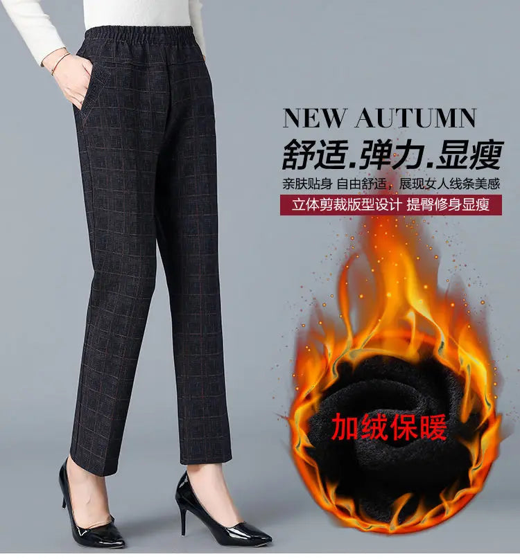 Pantalon Femme Carreaux Taille Élastique - Longueur Cheville Automne Hiver | MDN