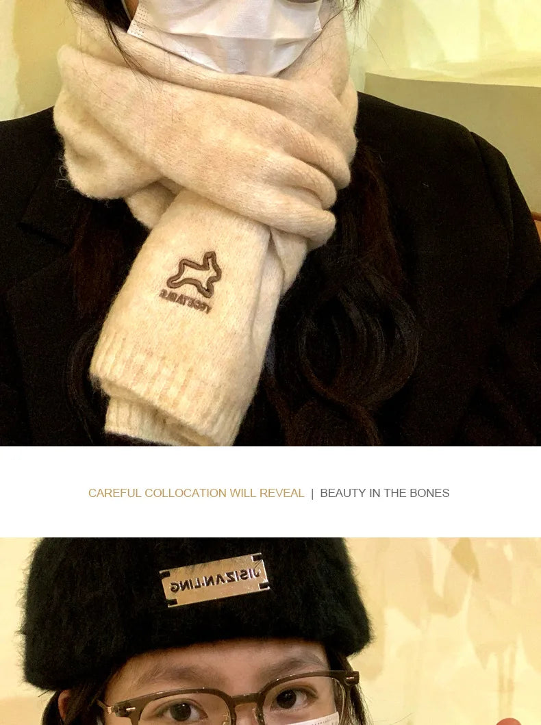 Écharpe Laine Lapin Brodé Beige | MDN