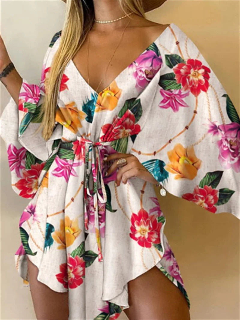 Robe Kimono Plage Femme Imprime Floral Col en V Manches Chauve-Souris | MDN Store 25
