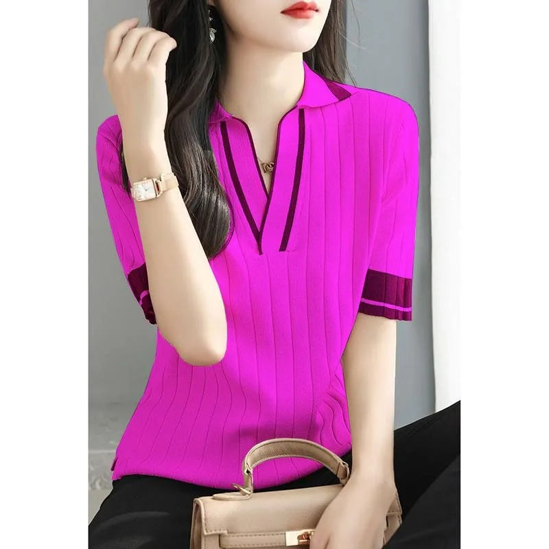Pull Femme Polo Manche Courte Col V Tricoté Été Coréen - MDN