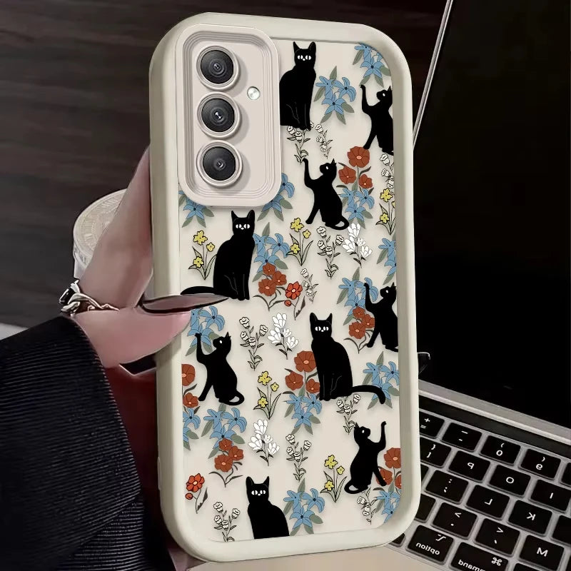 Coque Samsung Chat Noir Fleur Artistique - S24 S23 S22 A55 A54 | MDN