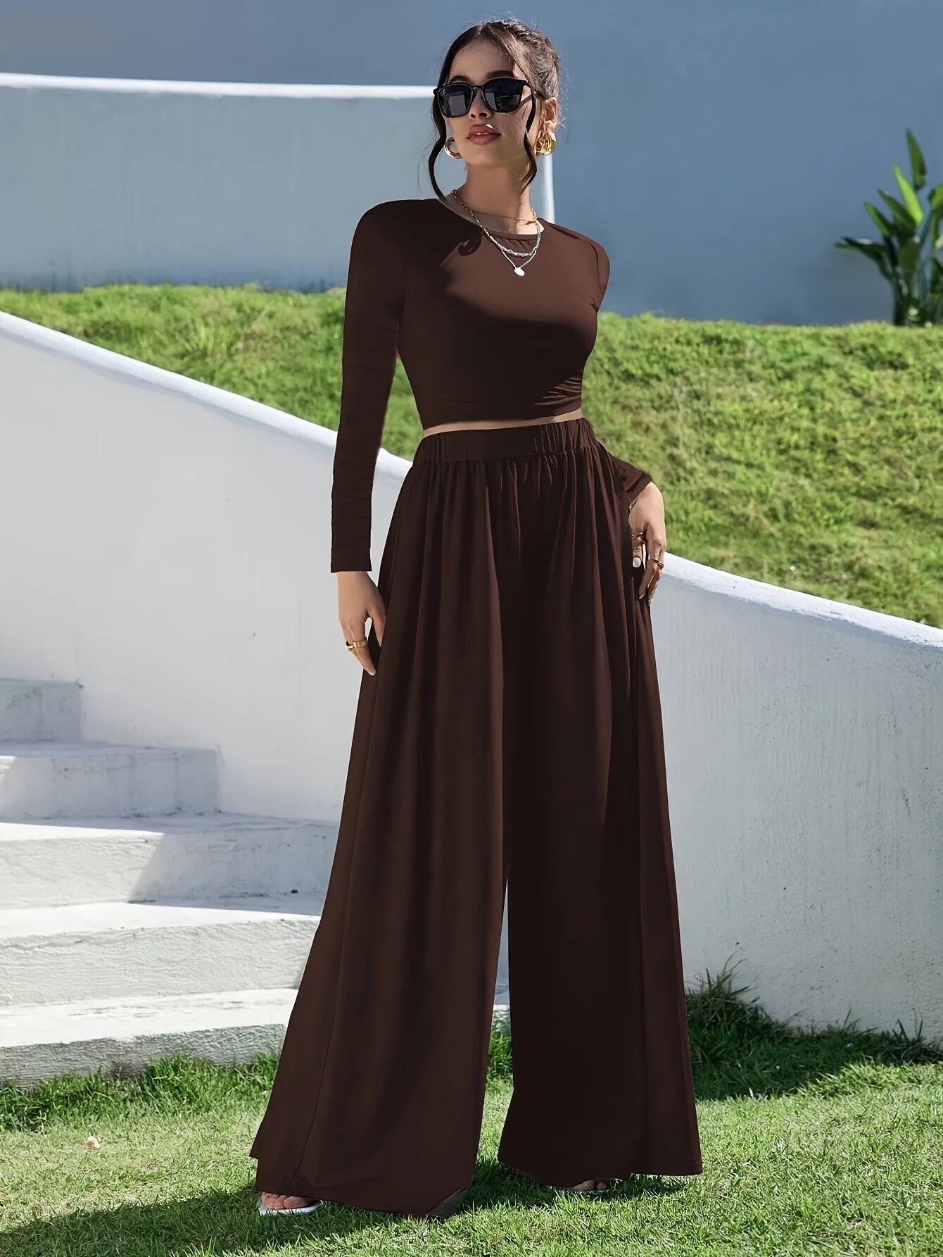 Ensemble Maille Marron T-shirt & Pantalon Large | MDN