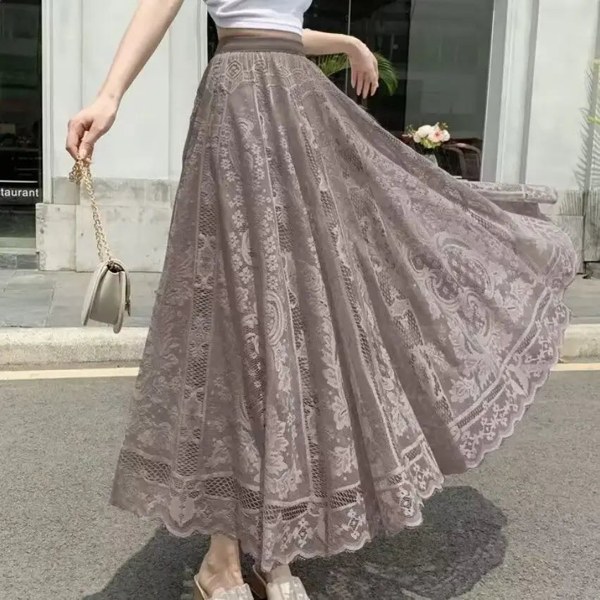 Jupe Longue Dentelle Plissée Taille Haute | MDN Store