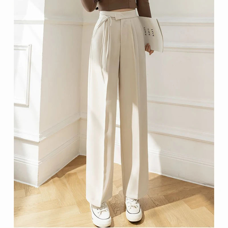 Pantalon Femme Taille Haute Lacets - Jambe Droite Costume Bureau Chic Kaki | MDN Store