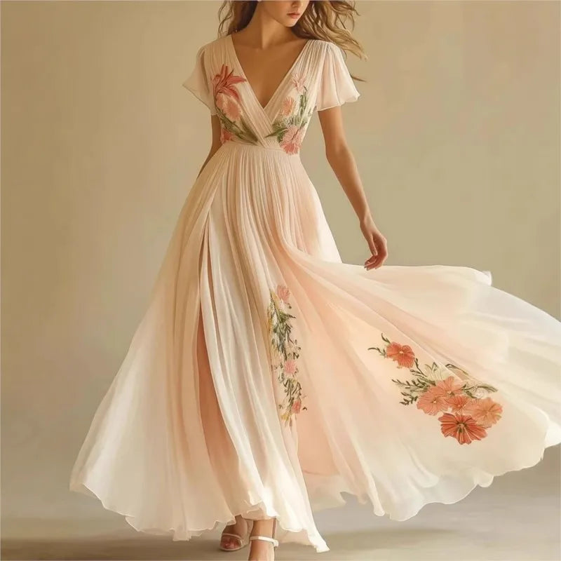 Robe Femme Fleurie Col V Manches Longues Style Boho Vacances | MDN Store 25
