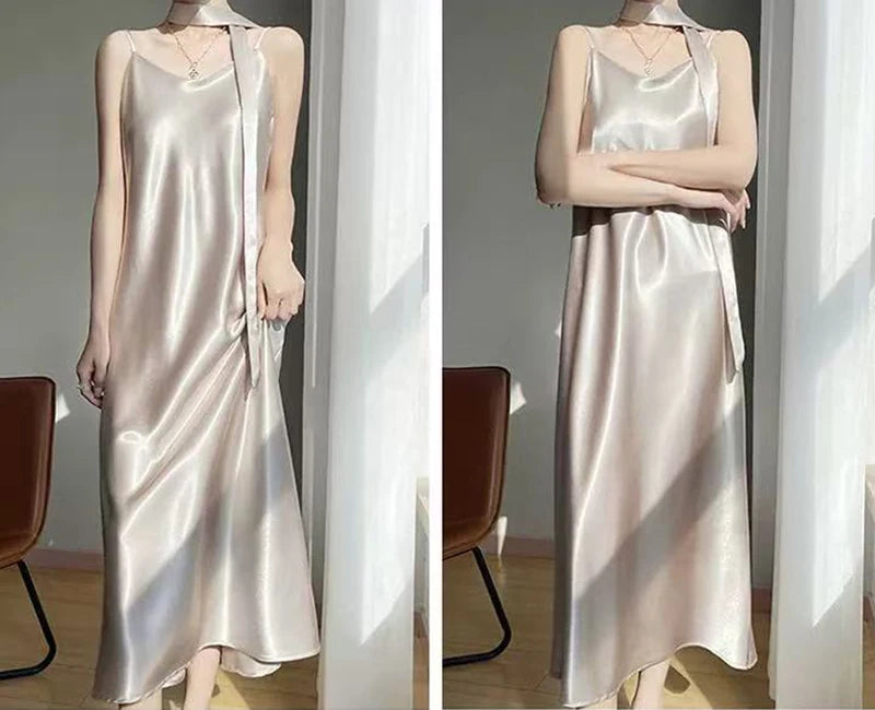 Robe Nuisette Satin Bretelles Ruban Midi 6 Coloris | MDN Store