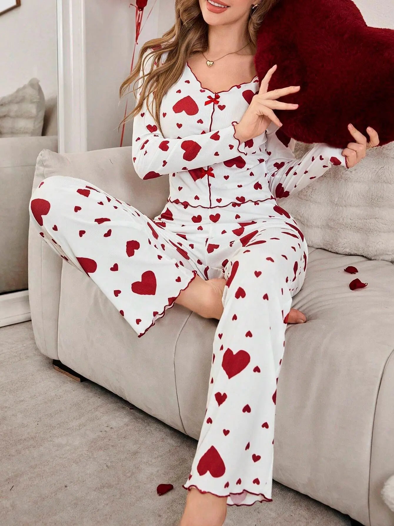 Pyjama Femme 2 Pièces Cœurs Manches Longues | MDN