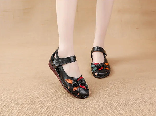 Sandales Cuir Plates Florales Lorilury | MDN