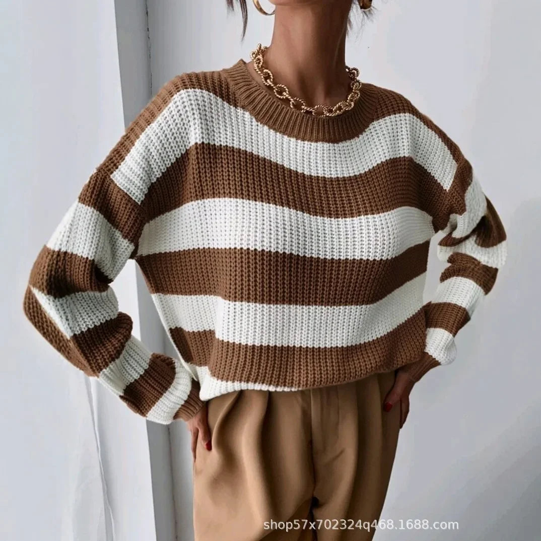 Pull Femme Loose Raye Manches Longues Tricot Epais 2 Coloris | MDN Store
