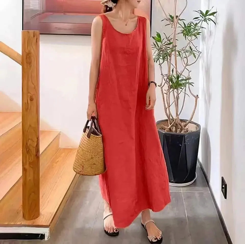 Robe Longue Lin Coton Sans Manches Poches Été | MDN Store