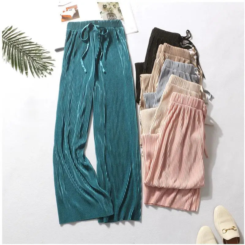 Pantalon Large Femme Ete Soie Glacee Taille Elastique Plisse | MDN Store