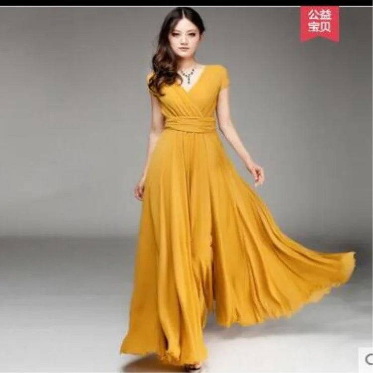 Robe Longue Femme Mousseline Manches Courtes Soiree Élégante | MDN Store