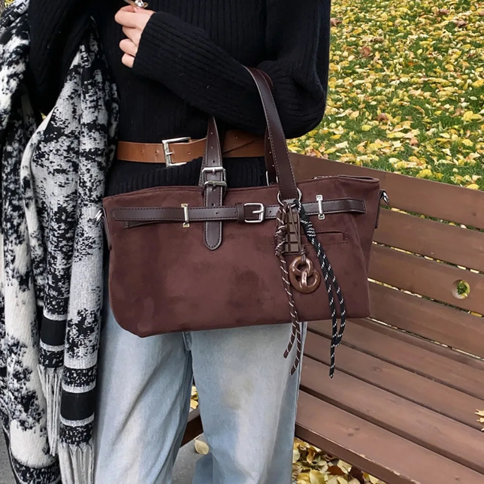 Sac à Main Femme Cuir Daim Boucle Ceinture Grande Capacité Hiver - MDN