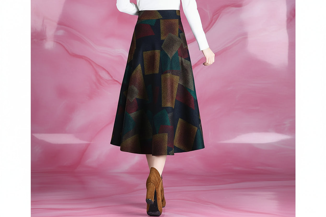 Jupe Midi Femme Laine Imprimée Taille Haute - Automne Hiver A-line | MDN Store