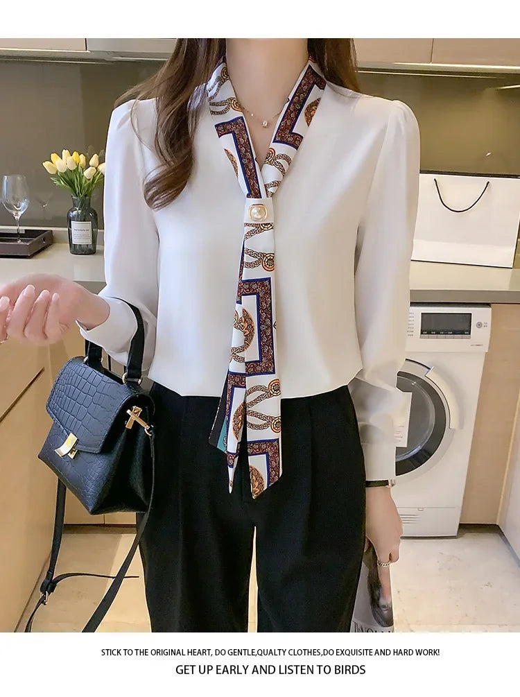 Chemise Chiffon Noeud Femme Col V Manches Longues | MDN