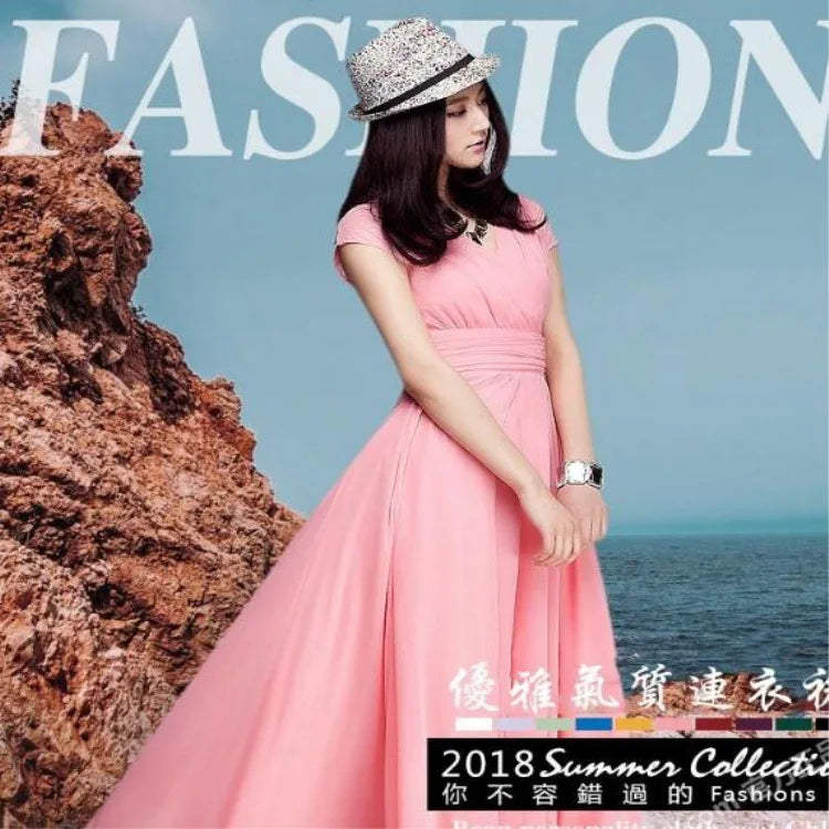 Robe Longue Femme Mousseline Manches Courtes Soiree Élégante | MDN Store