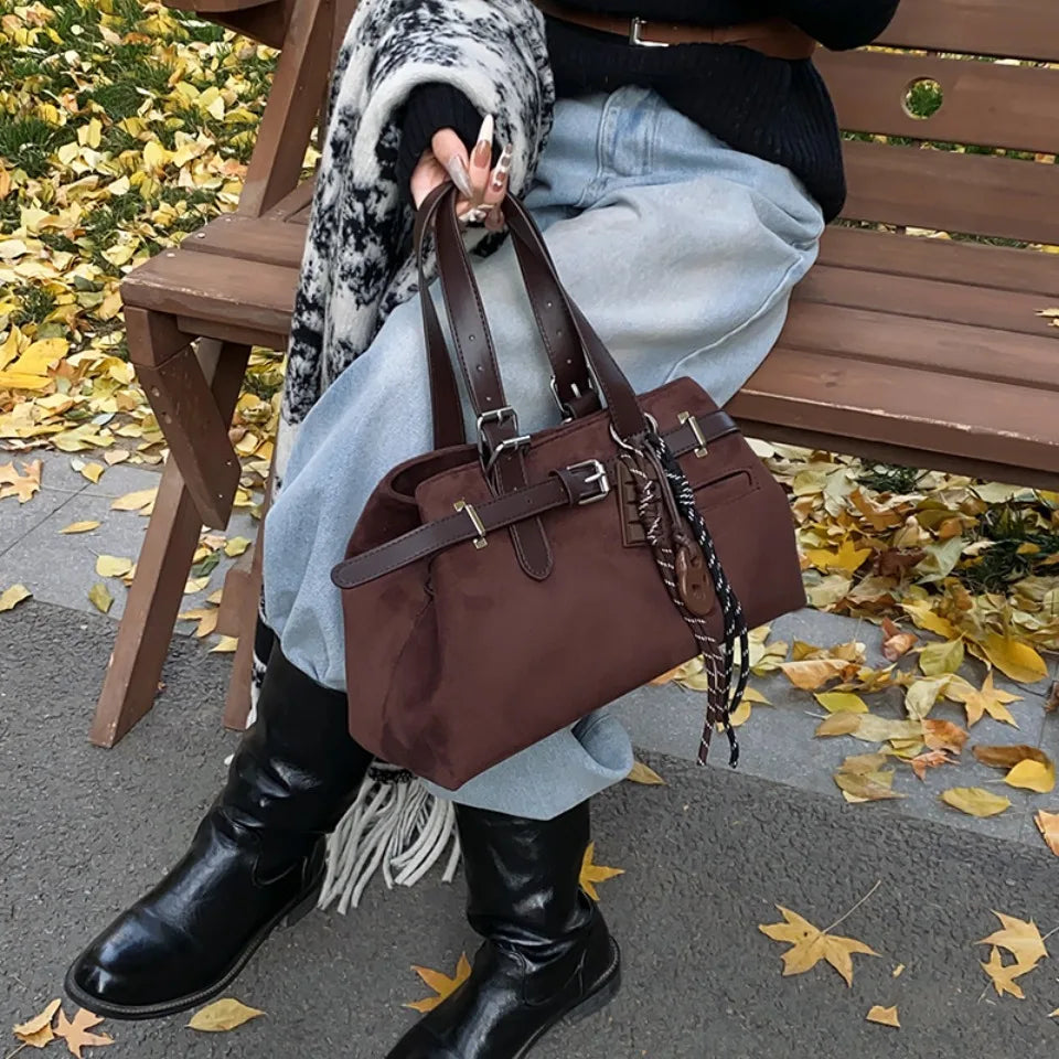 Sac à Main Femme Cuir Daim Boucle Ceinture Grande Capacité Hiver - MDN