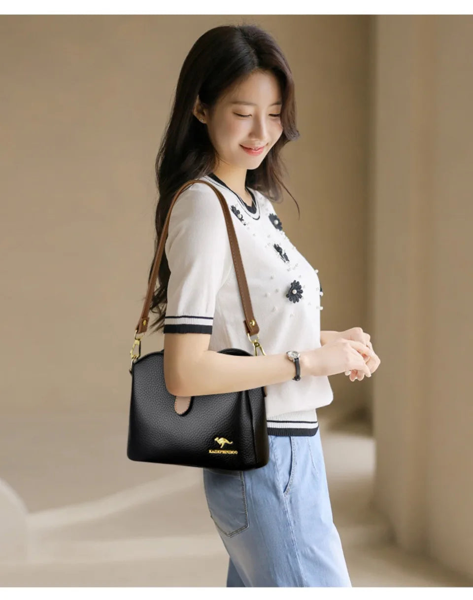 Sac à Main Femme Cuir Véritable Seau Bandoulière Trois Compartiments - MDN