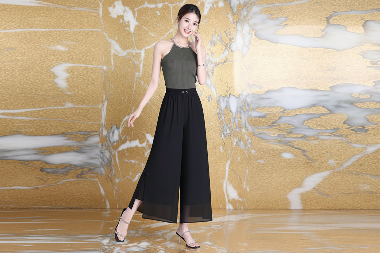 Pantalon Grande Femme Mousseline 7/8 Noir | MDN Store
