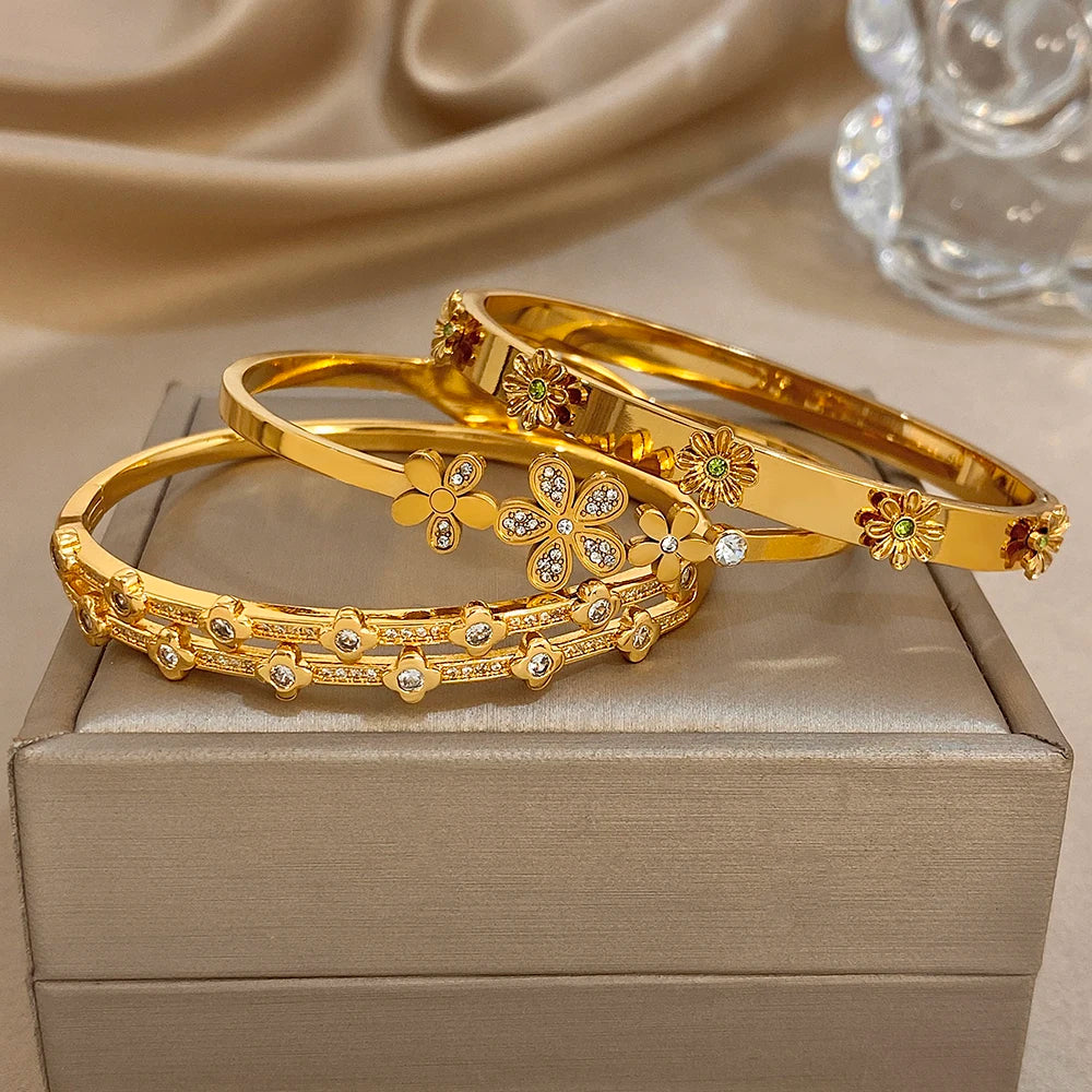 Bracelet Manchette Femme Homme Acier Inoxydable Strass Fleurs | MDN Store