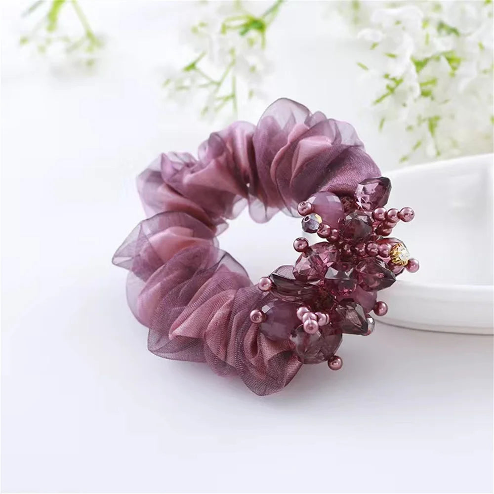 Chouchou Perle Brillante Fleur Organza Transparent - Élastique Cheveux Fille... | MDN Store