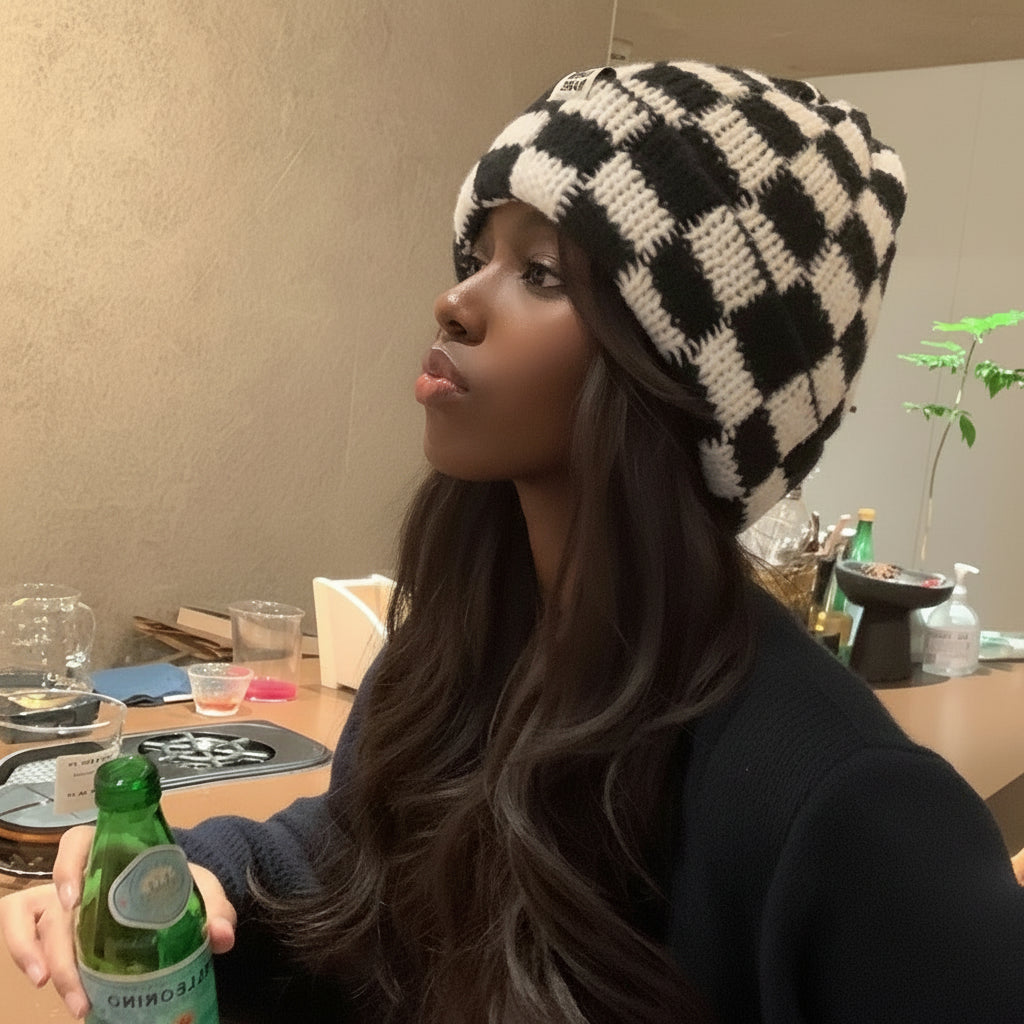 Bonnet Plaid Laine Tricotée Femme - Chaud Hiver Coupe-Vent | MDN