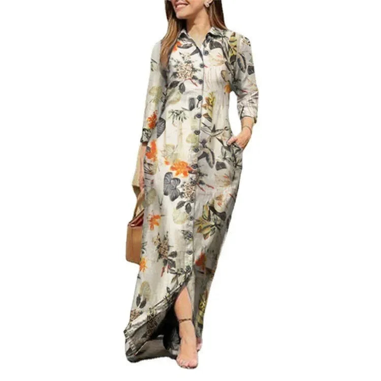 Robe Longue Imprimee Col Chemise Boutonnee Élégante | MDN Store