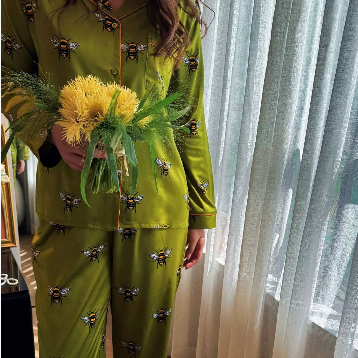 Pyjama Satin Abeilles Vert | MDN Store