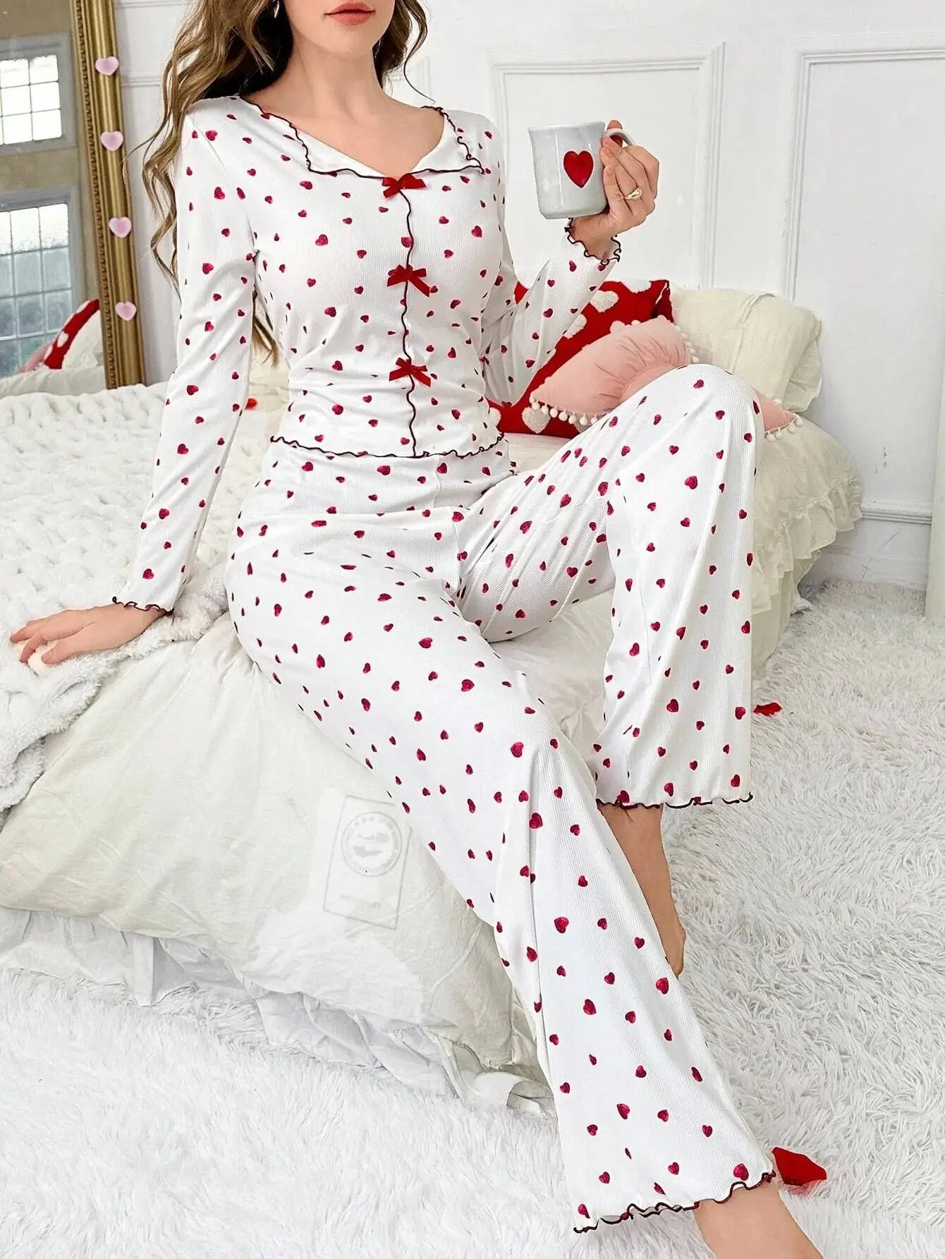 Pyjama Femme Rouge Cœurs 2 Pièces Manches Longues | MDN