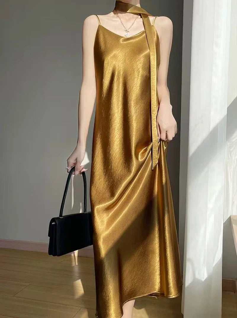 Robe Nuisette Satin Bretelles Ruban Midi 6 Coloris | MDN Store