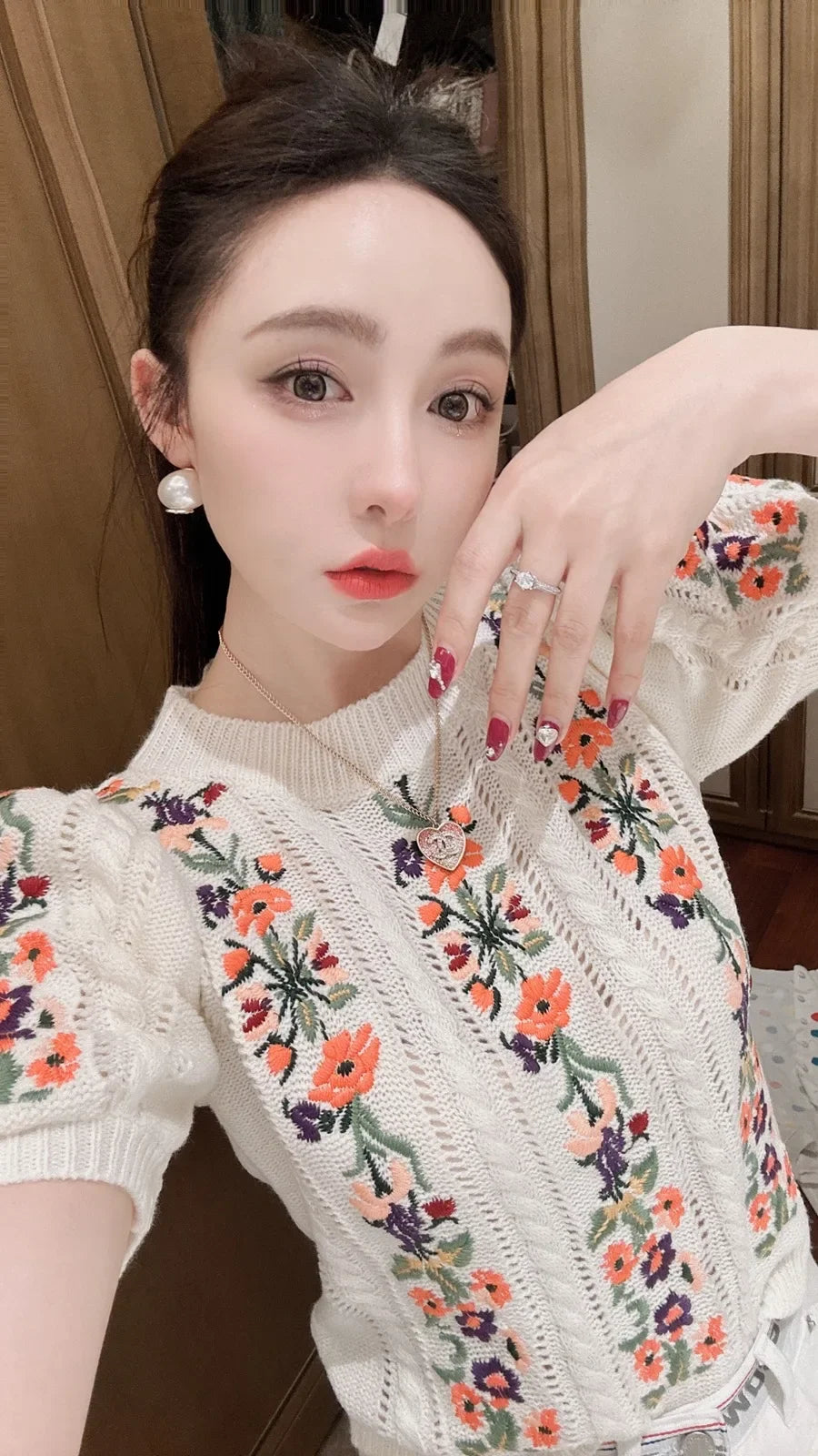 Pull Femme Brodé Vintage Manche Bouffante Col Rond Été - MDN