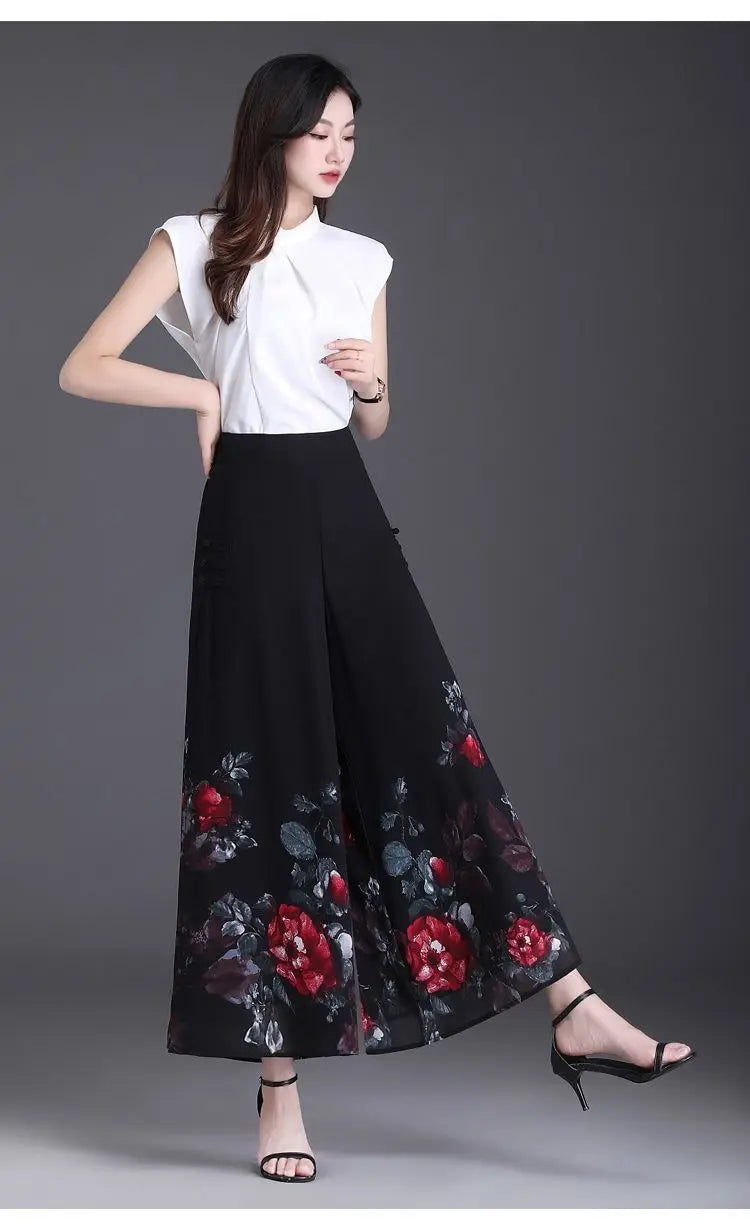 Pantalon Grande Femme Mousseline Floral Noir Jaune | MDN Store